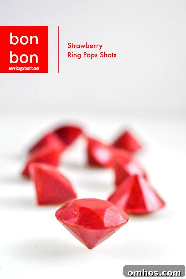 Strawberry Ring Pop Shots Bonbons is a sophisticated adult version of the popular eighties candy, with an intense strawberry flavour.