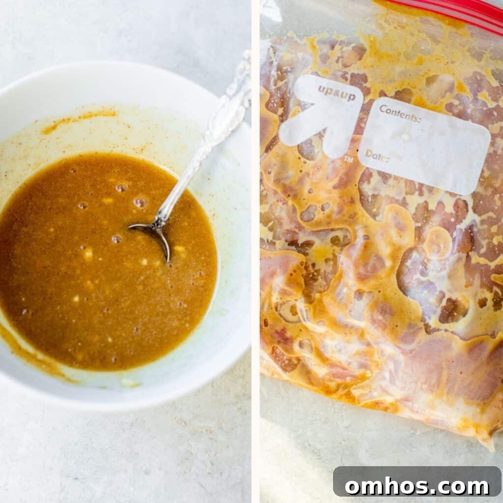 marinade in a bowl on the left and raw chicken thighs marinating in a ziploc bag on the right