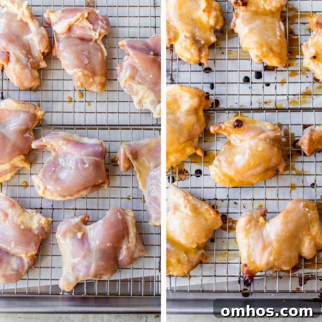 boneless chicken thighs on a wire rack on top of a baking sheet