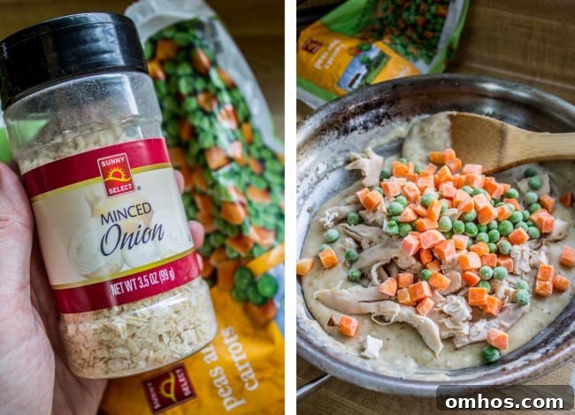 Minced dried onion and sauteing frozen peas and carrots, chicken, and sauce for individual chicken pot pie recipe.