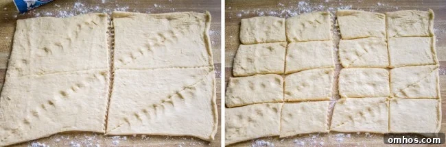 Rolling and cutting crescent roll dough for chicken pot pie with crescent rolls.