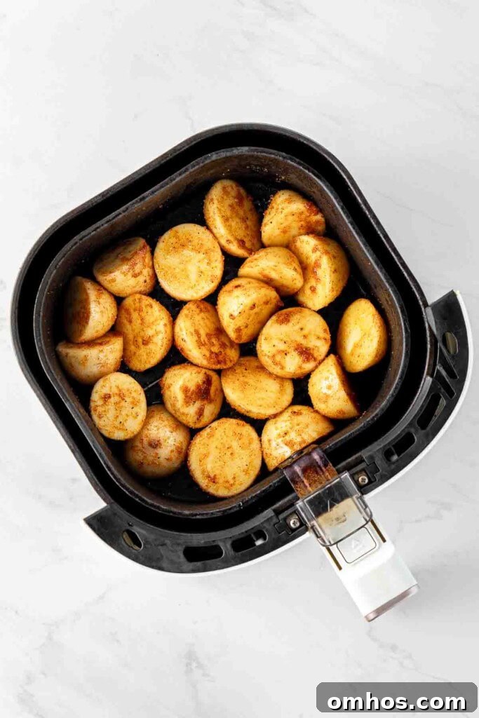 Crispy Air Fryer Potatoes with Garlic and Herbs 6 Seasoned raw potatoes in the air fryer basket.