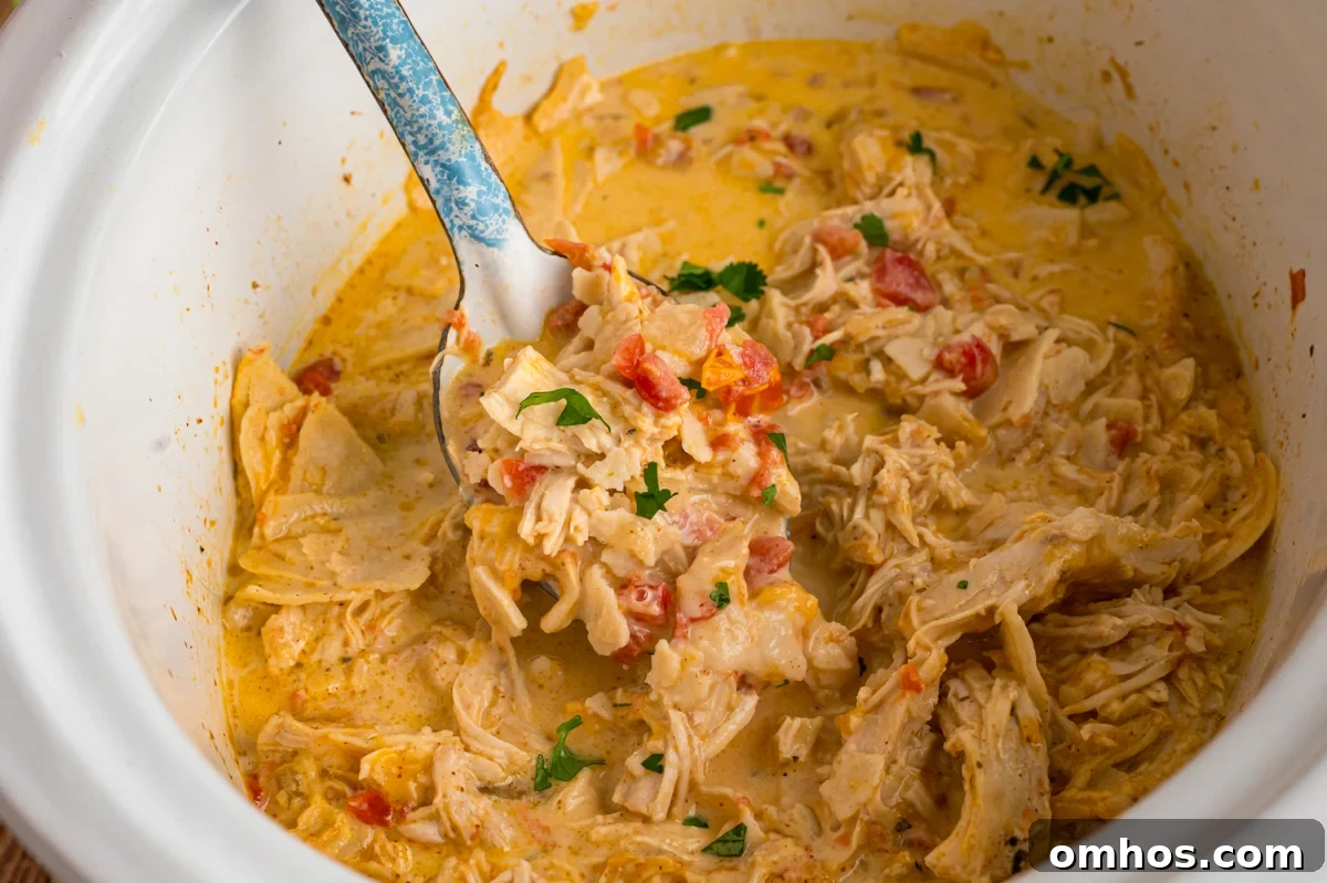 Classic King Ranch Chicken Casserole Recipe 6 A metal spoon scooping chicken from a crockpot.
