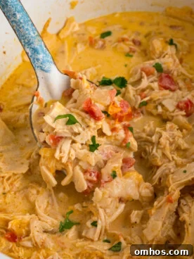 Classic King Ranch Chicken Casserole Recipe 8 A metal spoon scooping chicken from a crockpot.