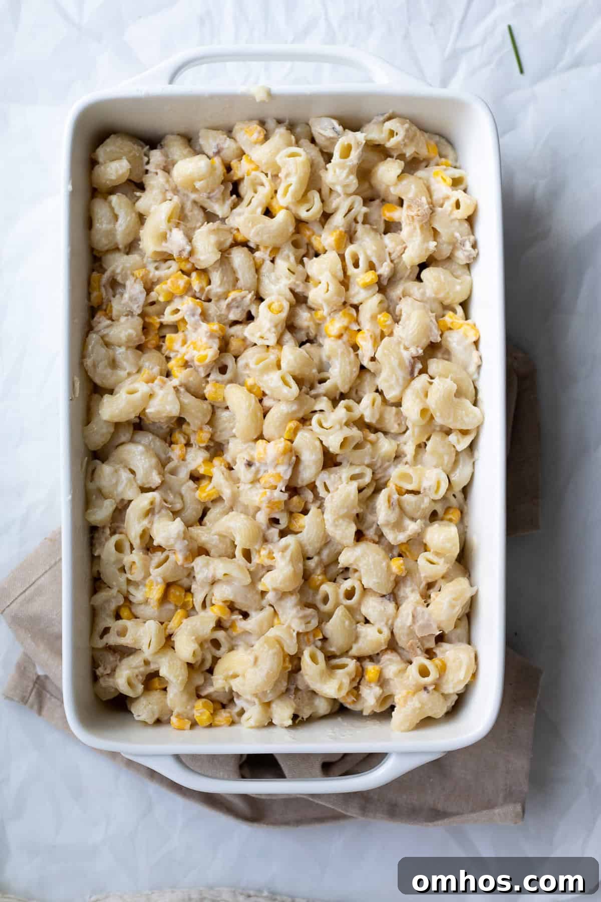 Creamy 30 Minute Tuna and Sweetcorn Pasta Bake Recipe 6 uncooked tuna and sweetcorn pasta in a baking dish