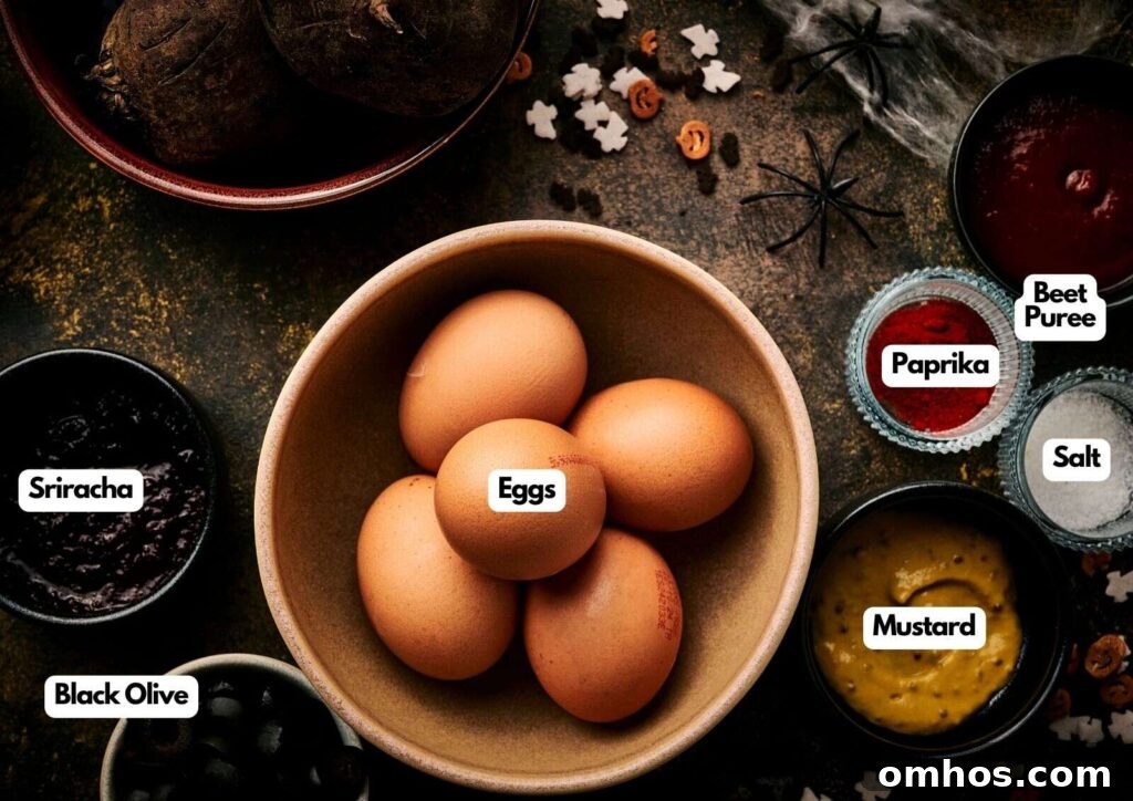 A bowl of eggs surrounded by labeled bowls containing black olive, sriracha, beet puree, paprika, salt, and mustard on a dark surface—perfect ingredients for making spooky Halloween deviled eggs with festive decorative elements.