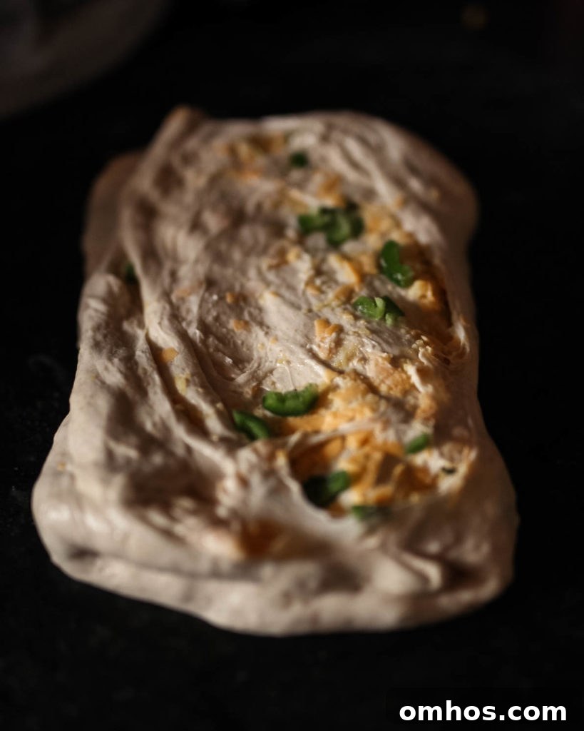 Sourdough Discard Loaf with Cornmeal, Cheddar and Jalapeno Recipe 6 lamination of sourdough dough