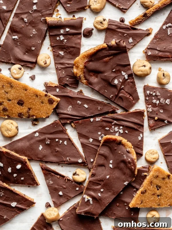 Cookie dough bark slices on a countertop.