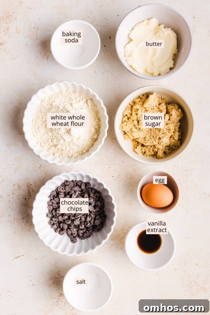 Chewy Whole Wheat Chocolate Chip Cookies Recipe 2 Ingredients for whole wheat chocolate chip cookies on a countertop with labels.