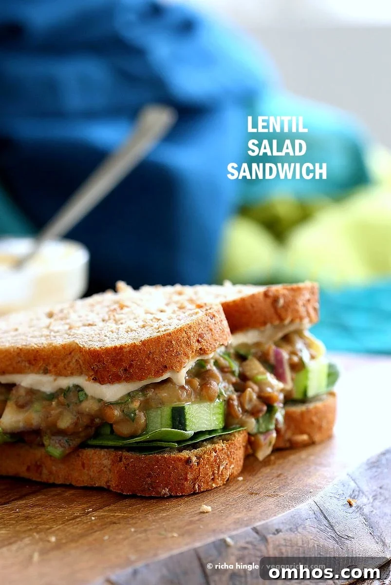 Falafel Spice Lentil Salad Sandwich with lemony tahini dressing. Lentils spiced with falafel spices & pickles, serve in sandwich or pita bread. | VeganRicha.com #lentils #sandwich #vegan #recipe