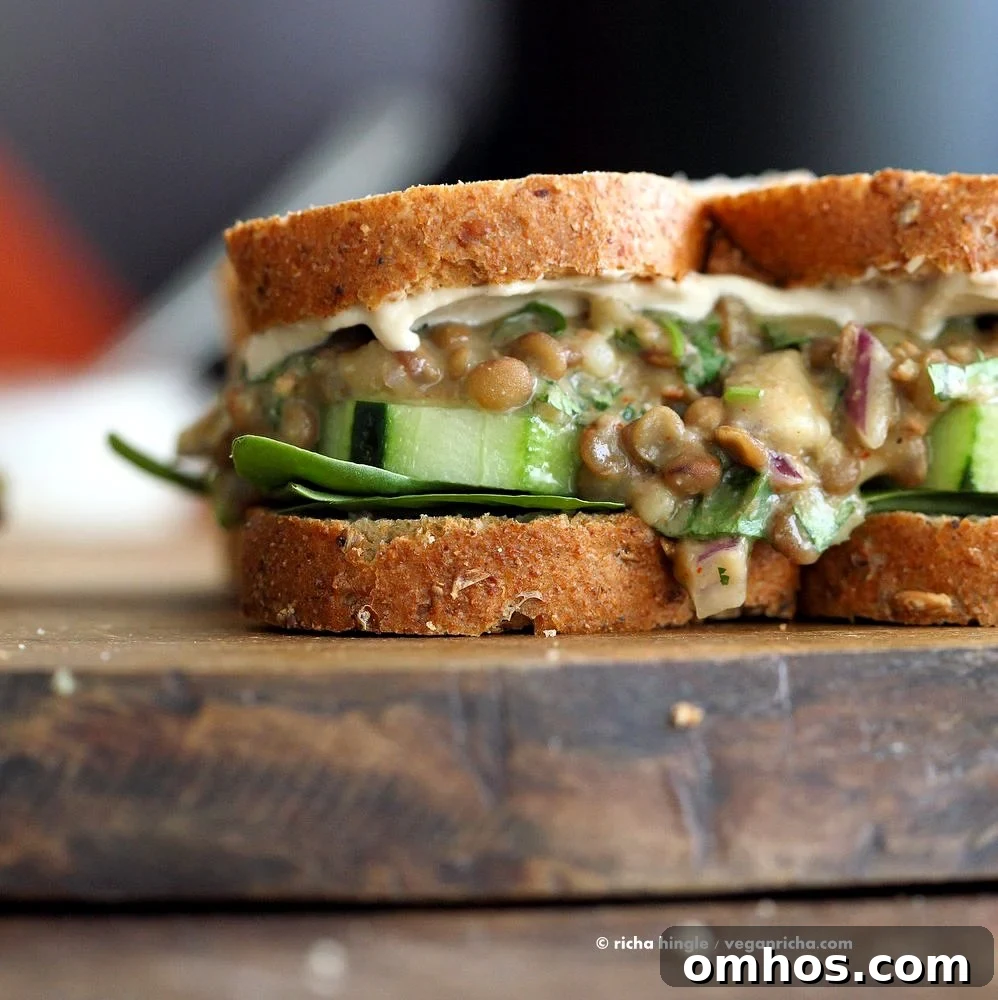 Falafel Spice Lentil Salad Sandwich with lemony tahini dressing. Lentils spiced with falafel spices & pickles served in sandwich or pita bread. | VeganRicha.com #lentils #sandwich #vegan #recipe