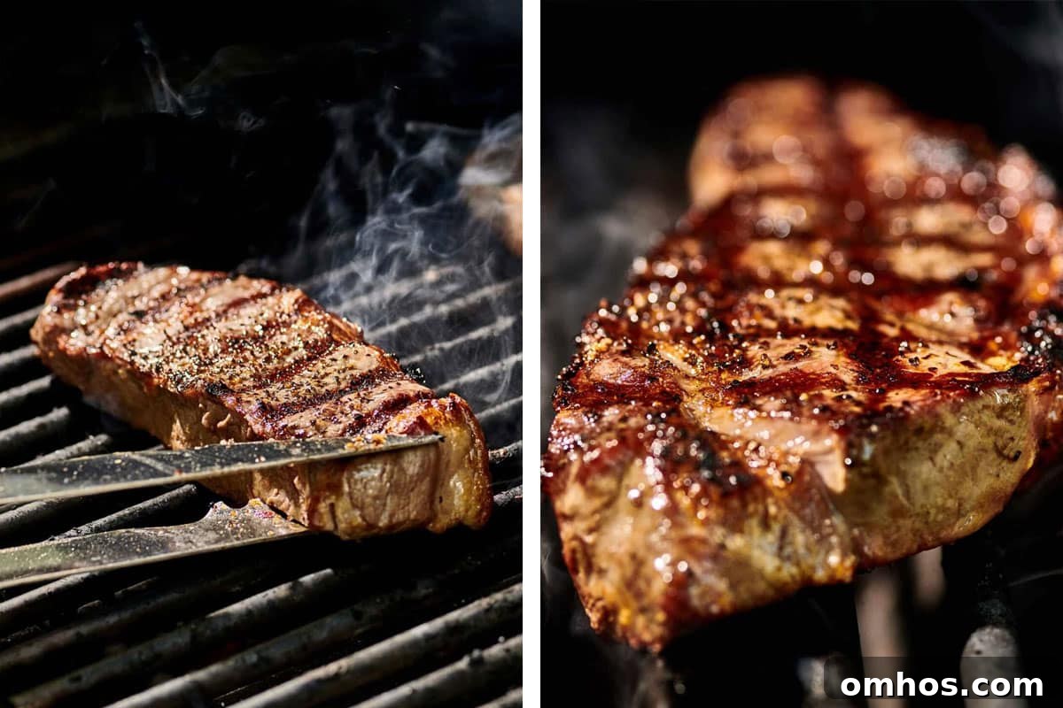 How to Achieve Perfect Crosshatch Grill Marks on Steak 3 Flipping NY strip steak on grill for crosshatch marks.