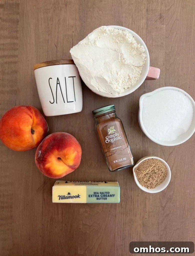Homemade Fresh Peach Crisp Recipe with Oat Crumble 3 ripe peaches, salt, flour, white sugar, brown sugar, butter, cinnamon