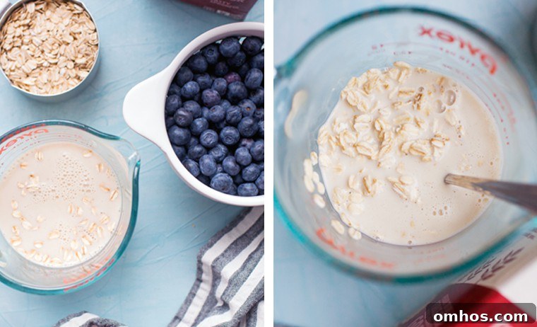 Moist Blueberry Oatmeal Muffins Recipe 5 measuring cup soaking oats to use in muffins