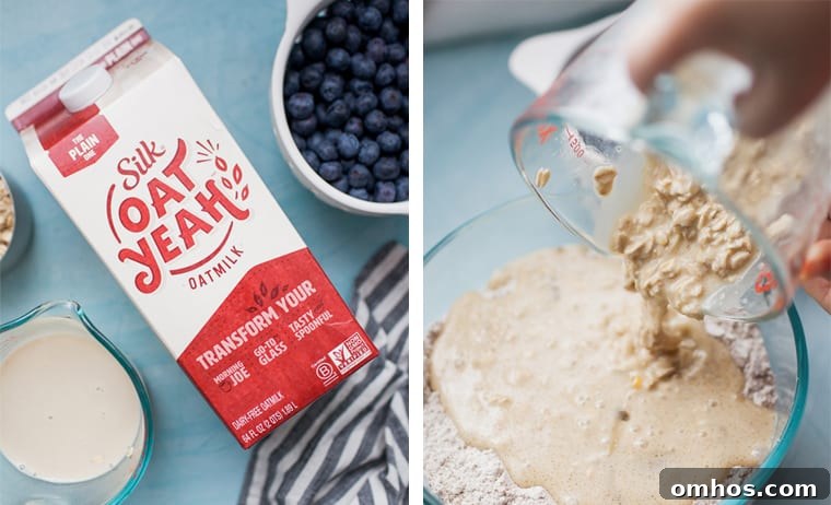 Moist Blueberry Oatmeal Muffins Recipe 6 pouring oats into batter