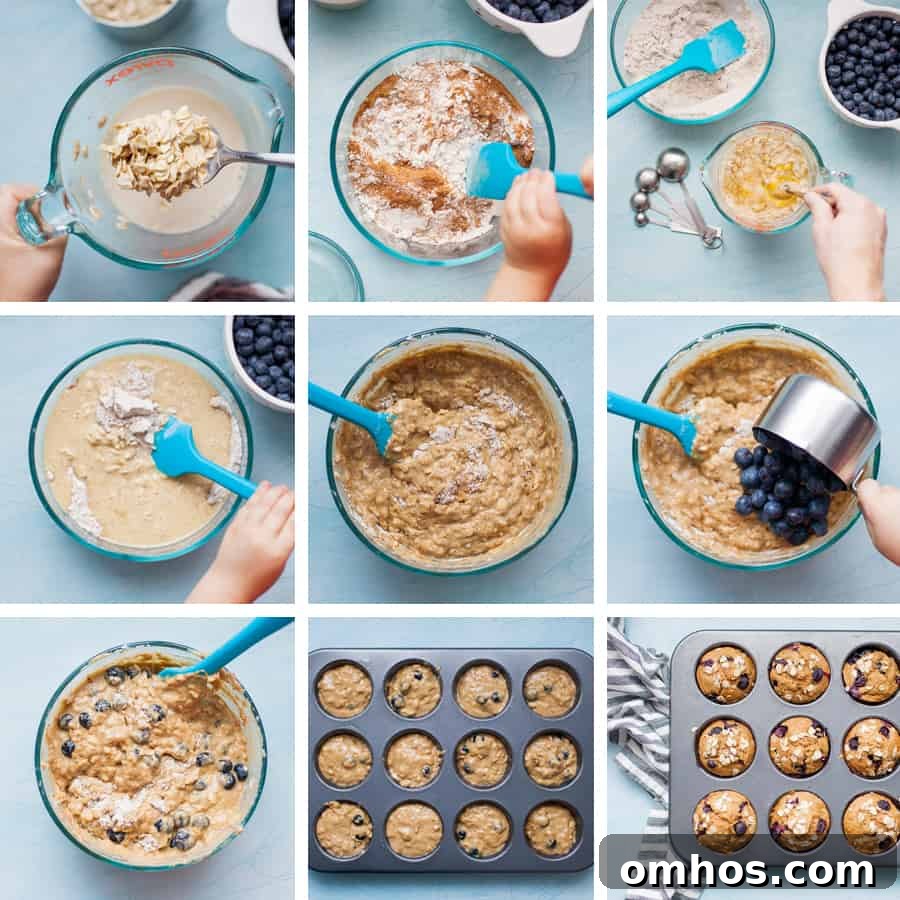 Moist Blueberry Oatmeal Muffins Recipe 8 step by step collage showing how to make blueberry oatmeal muffins