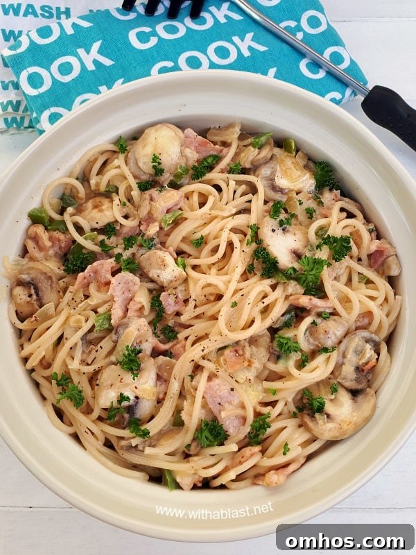 Creamy Bacon and Mushroom Spaghetti close-up