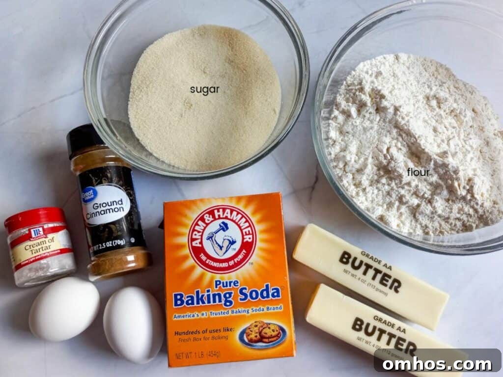 Ingredients: flour, sugar, butter, cinnamon, baking soda, cream of tartar, and eggs.