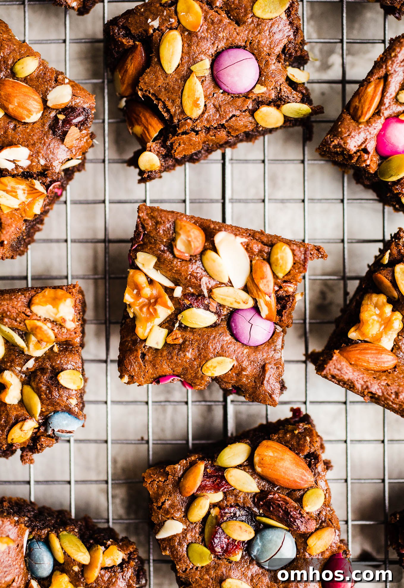 Brownies with trail mix pressed into the tops.