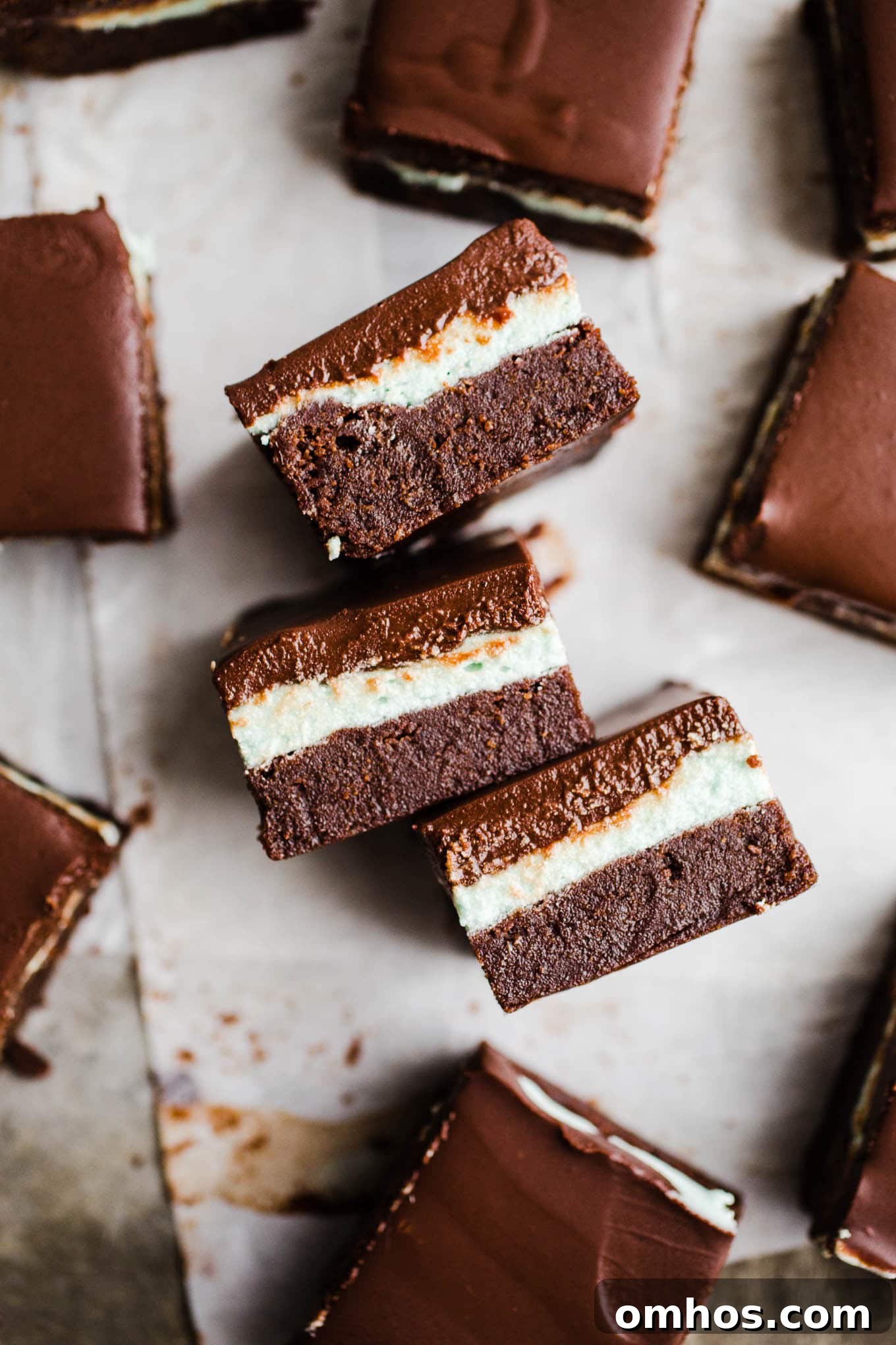 Mint chocolate bars on parchment paper.