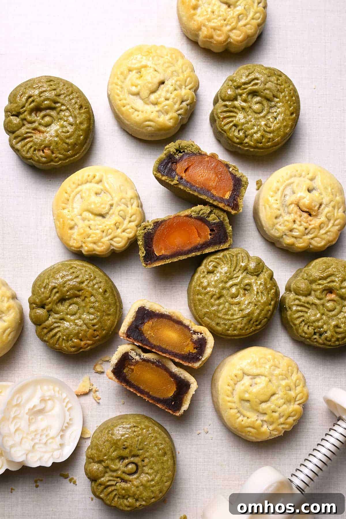 cookie crust mooncakes with red bean paste and salted egg yolk filling