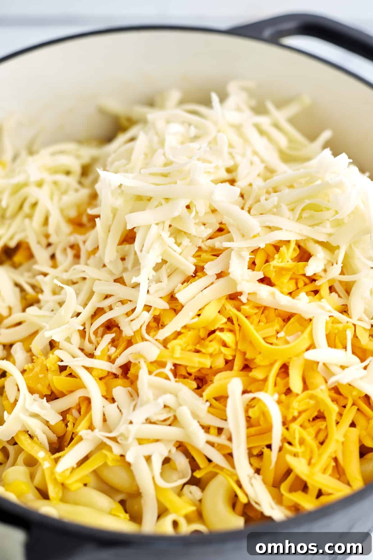 Quick Creamy One-Pot Mac and Cheese Recipe 3 a large pot of cooked elbow pasta topped with shredded Cheddar and Mozzarella cheese