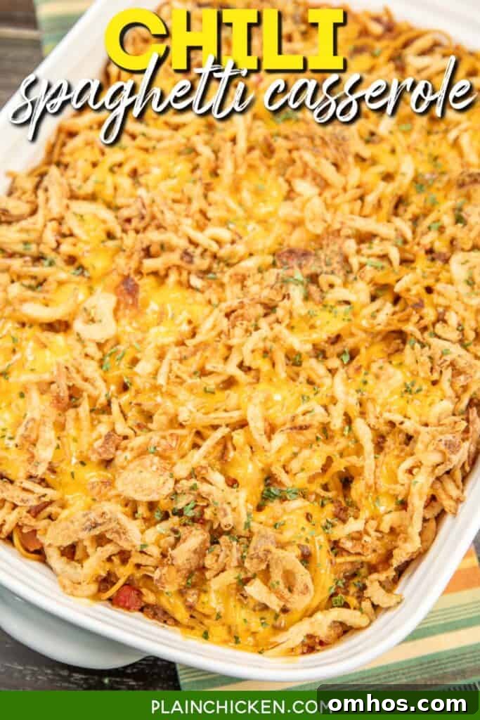 baking dish of spaghetti with text overlay