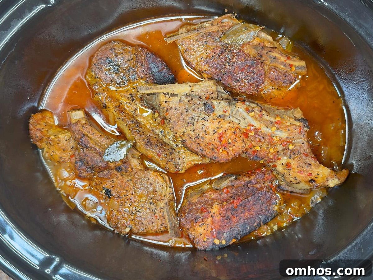 Country style pork ribs after they have simmered in a slow cooker for several hours.