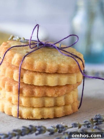 Lemon lavender shortbread cookies stacked and tied with a purple ribbon.