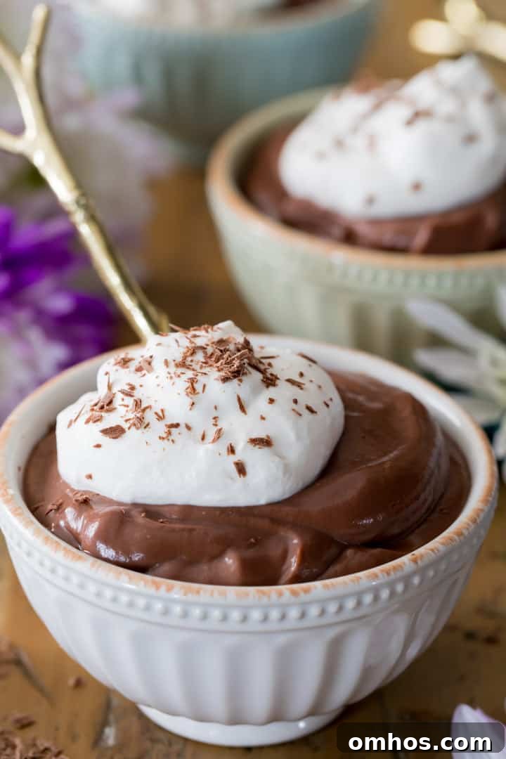 Bowl of chocolate pudding, topped with whipped cream