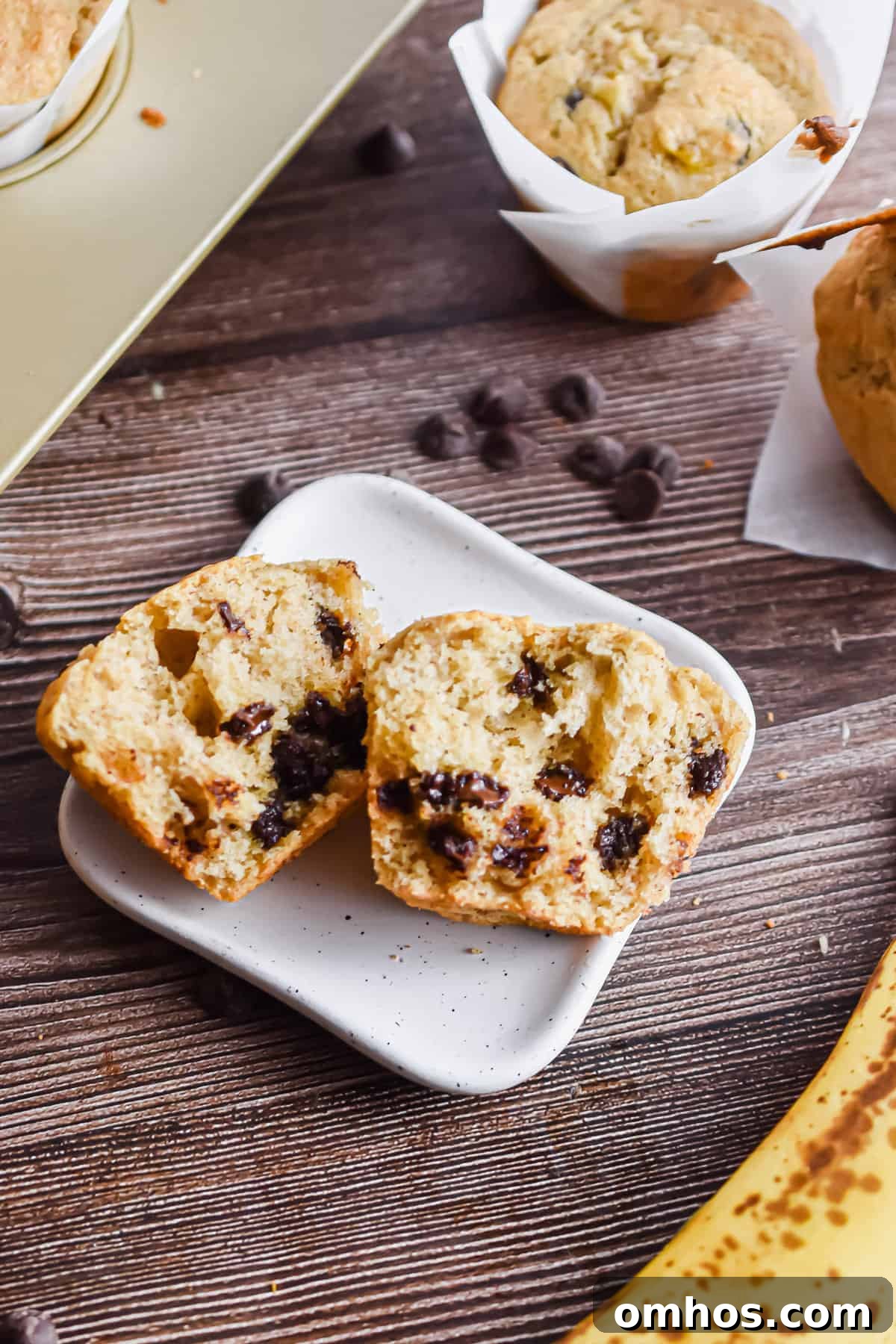 A banana muffin with self-rising flour is cut open and the inside is shown.