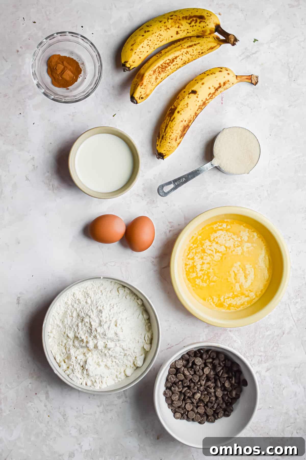An overhead shot of the ingredients for banana muffins with self-rising flour