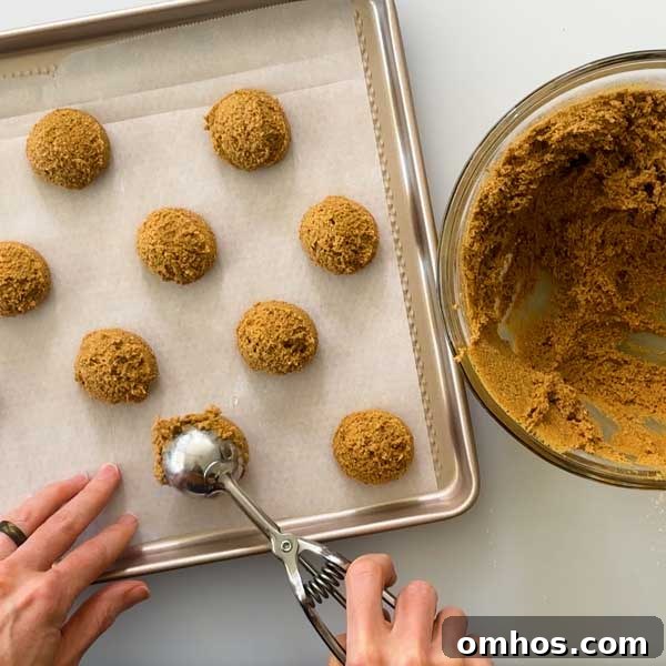 Gluten-Free Iced Ginger Molasses Cookies Recipe 5 Scooping cookie dough onto a cookie sheet.
