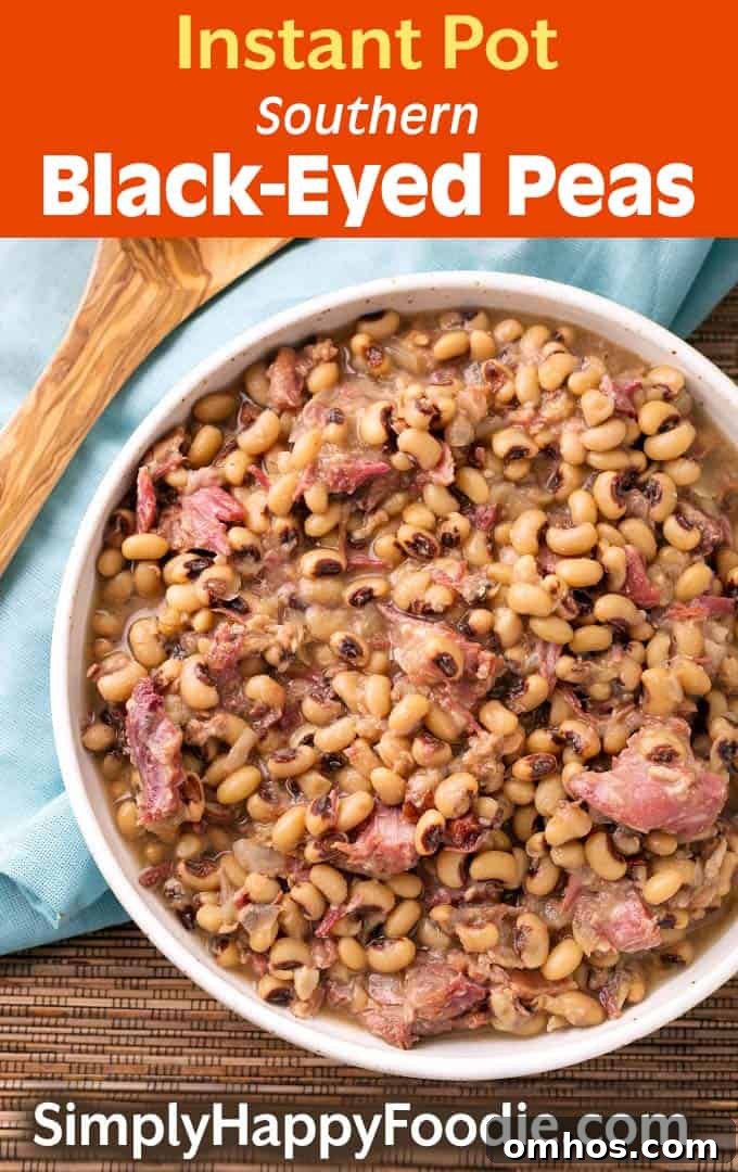 Southern Instant Pot Black Eyed Peas in white bowl as well as title and Simply Happy Foodie.com logo