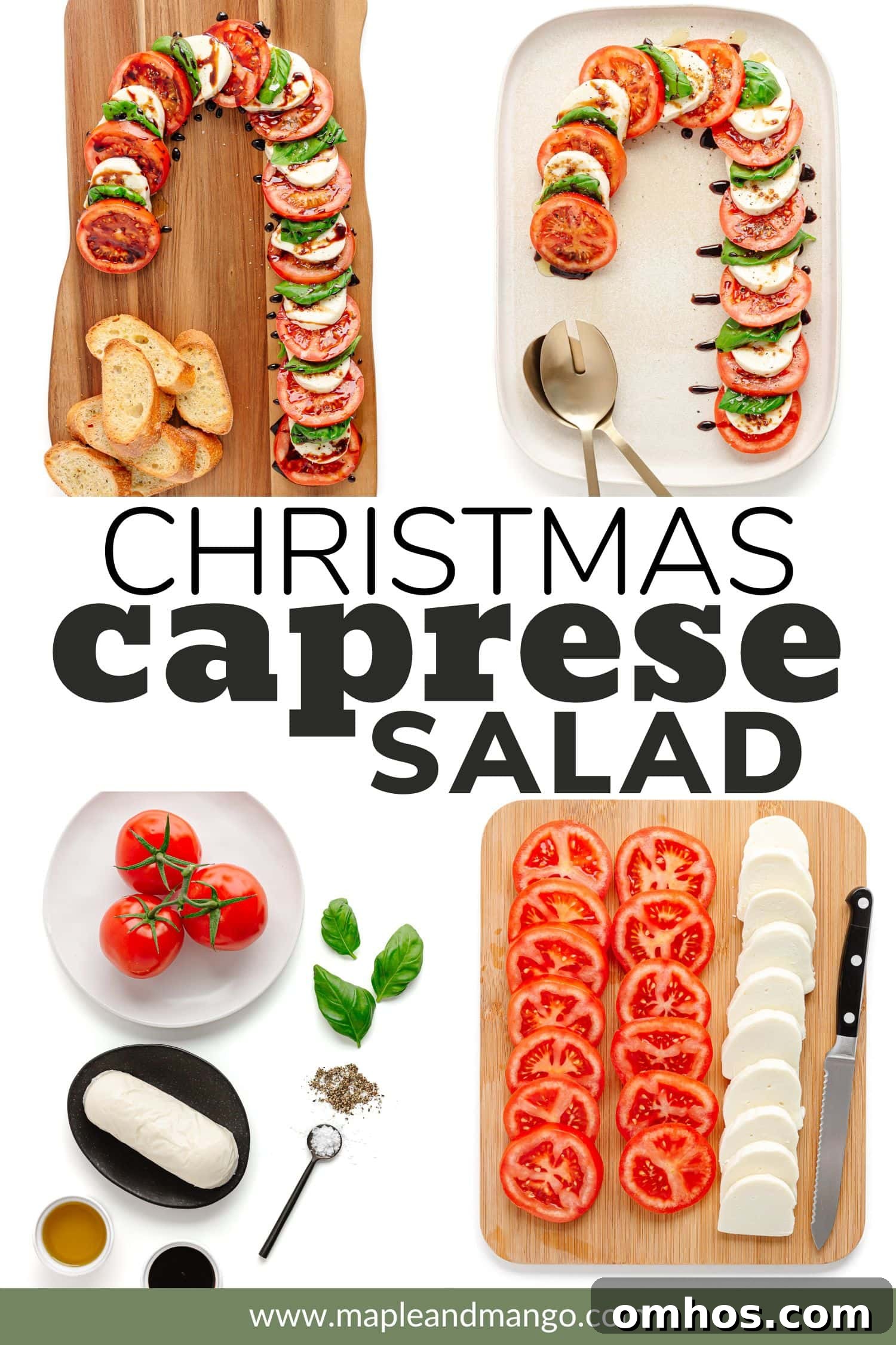 Pinterest collage graphic showing photos of finished candy cane caprese and ingredients with text overlay that reads "Christmas Caprese Salad".