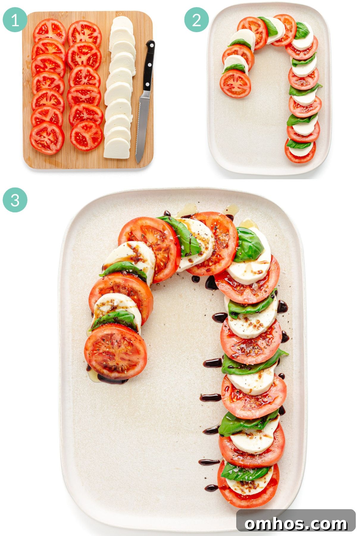 Numbered photo collage showing step-by-step how to make a candy cane caprese salad for Christmas.