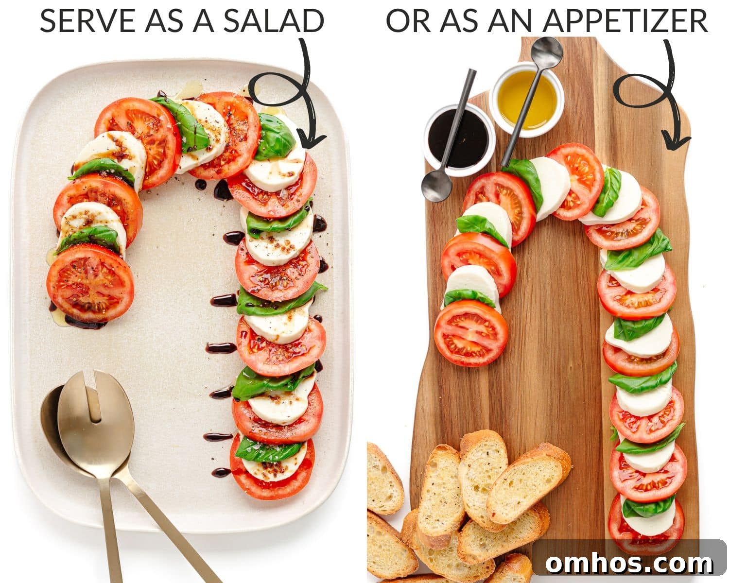 Labelled photo collage showing two ways to serve a Christmas Caprese: as a salad and as an appetizer board.
