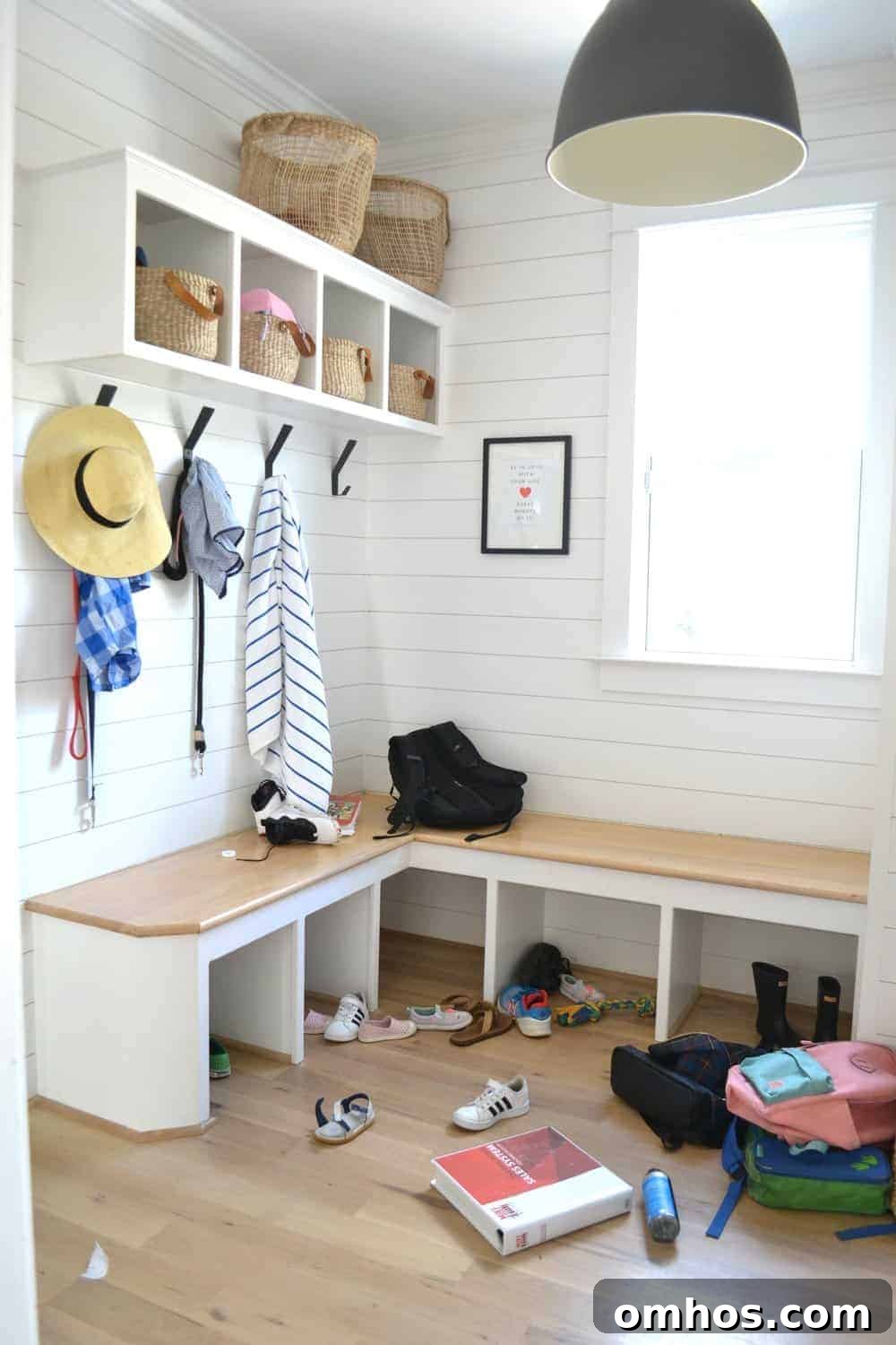 mudroom that needs organizing for back to school