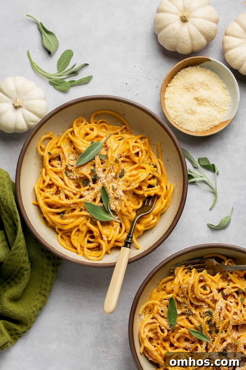 Creamy Pumpkin Pasta Sauce Recipe 7 pumpkin pasta in 2 bowls topped with sage