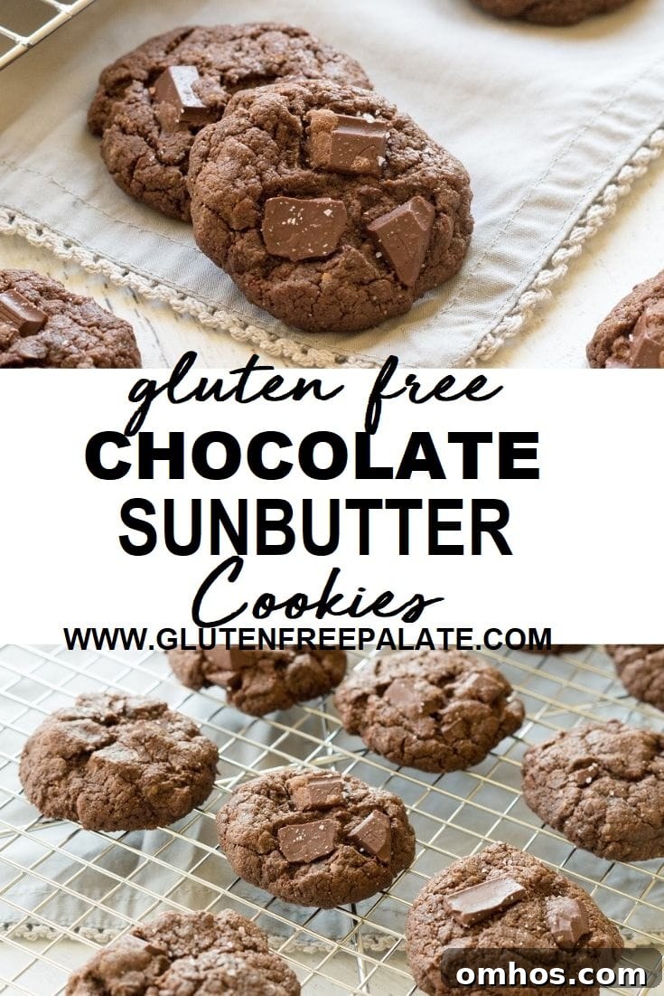 Chewy Chocolate SunButter Cookies Recipe 5 two images, one of two cookies stacked the other of sunbutter cookies on a wire rack, with the words gluten free chocolate sunbutter cookies in the center