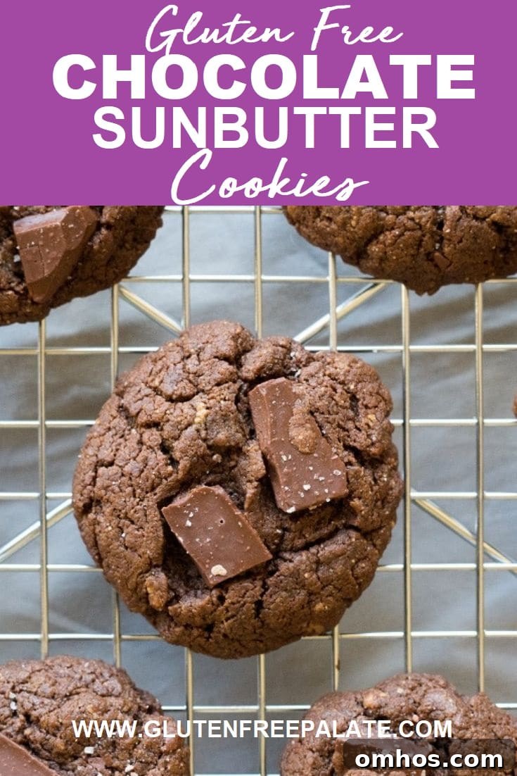 Chewy Chocolate SunButter Cookies Recipe 7 roundsunbutter cookies with chocolate chunks on a wire rack with the words gluten free chocolate sunbuter cookeis written at the top