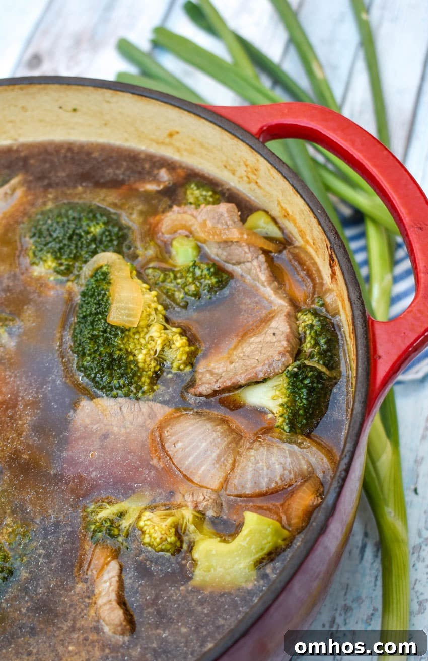 chinese beef and broccoli soup in a large red dutch oven