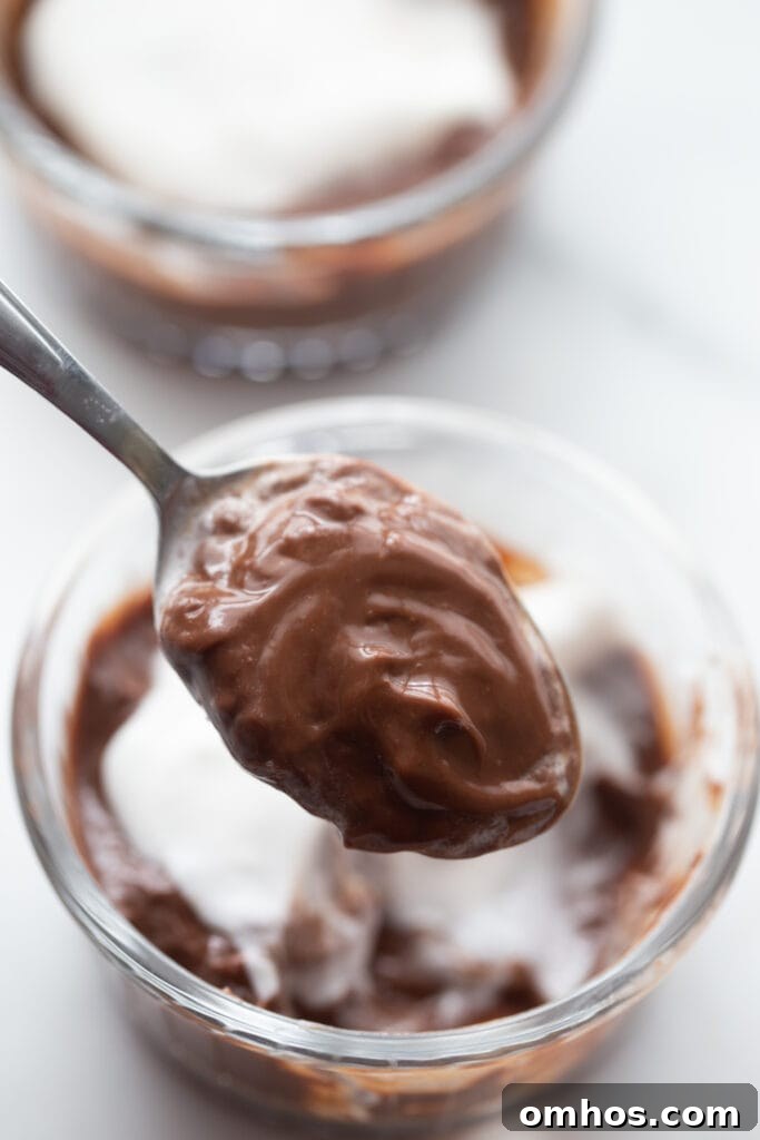 A close up shot of a spoon of homemade vegan chocolate pudding 