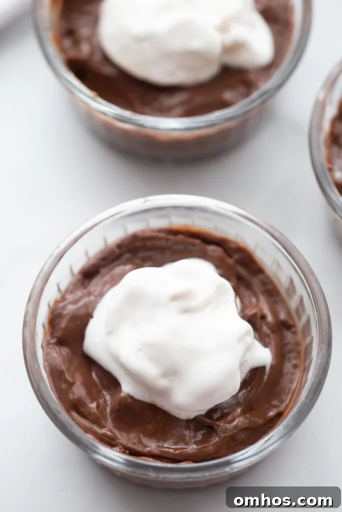 Overhead shot of vegan chocolate pudding in small ramekins 