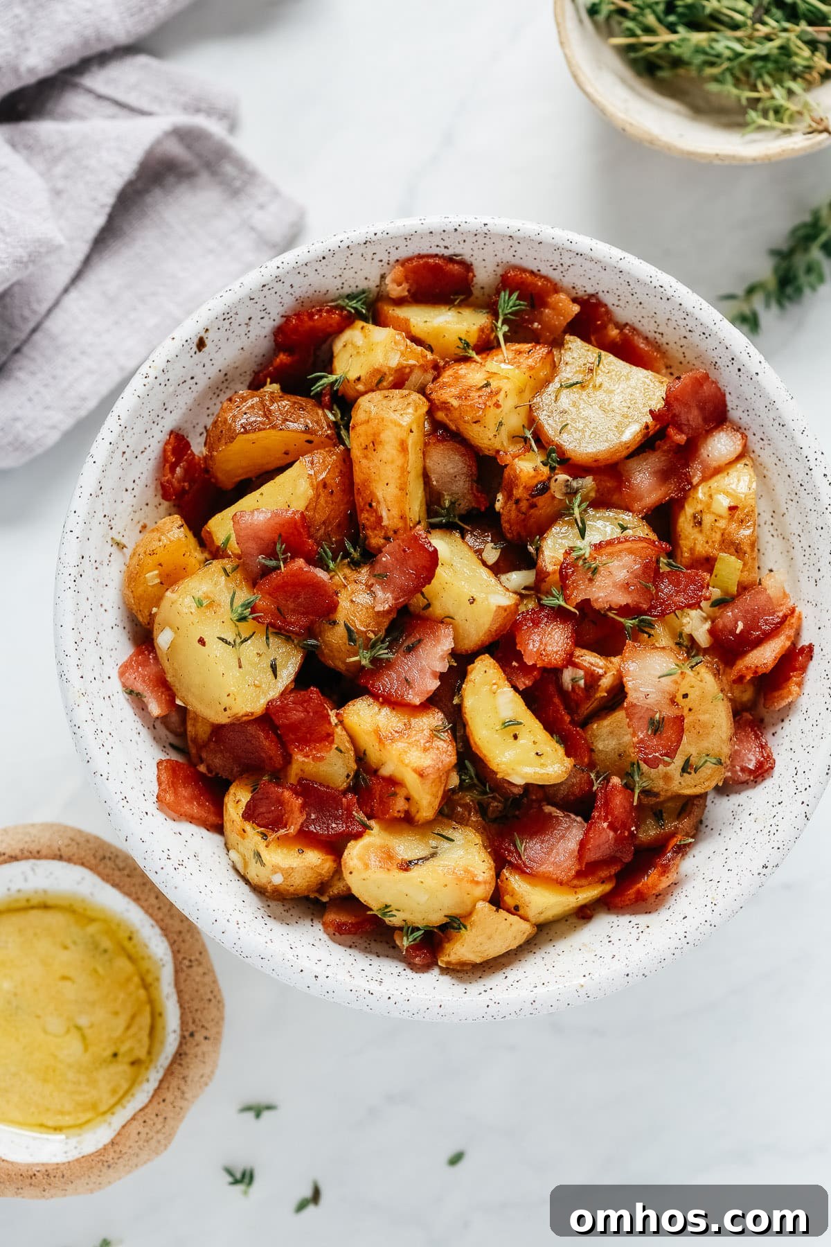 overhead image: bowl of roasted potato salad
