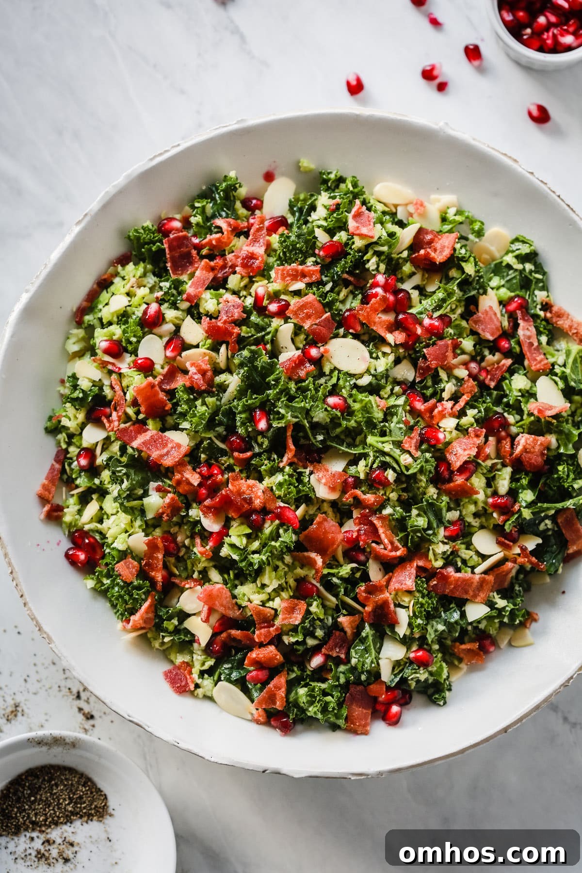 Overhead photo of a plate of shredded Brussels sprout salad.