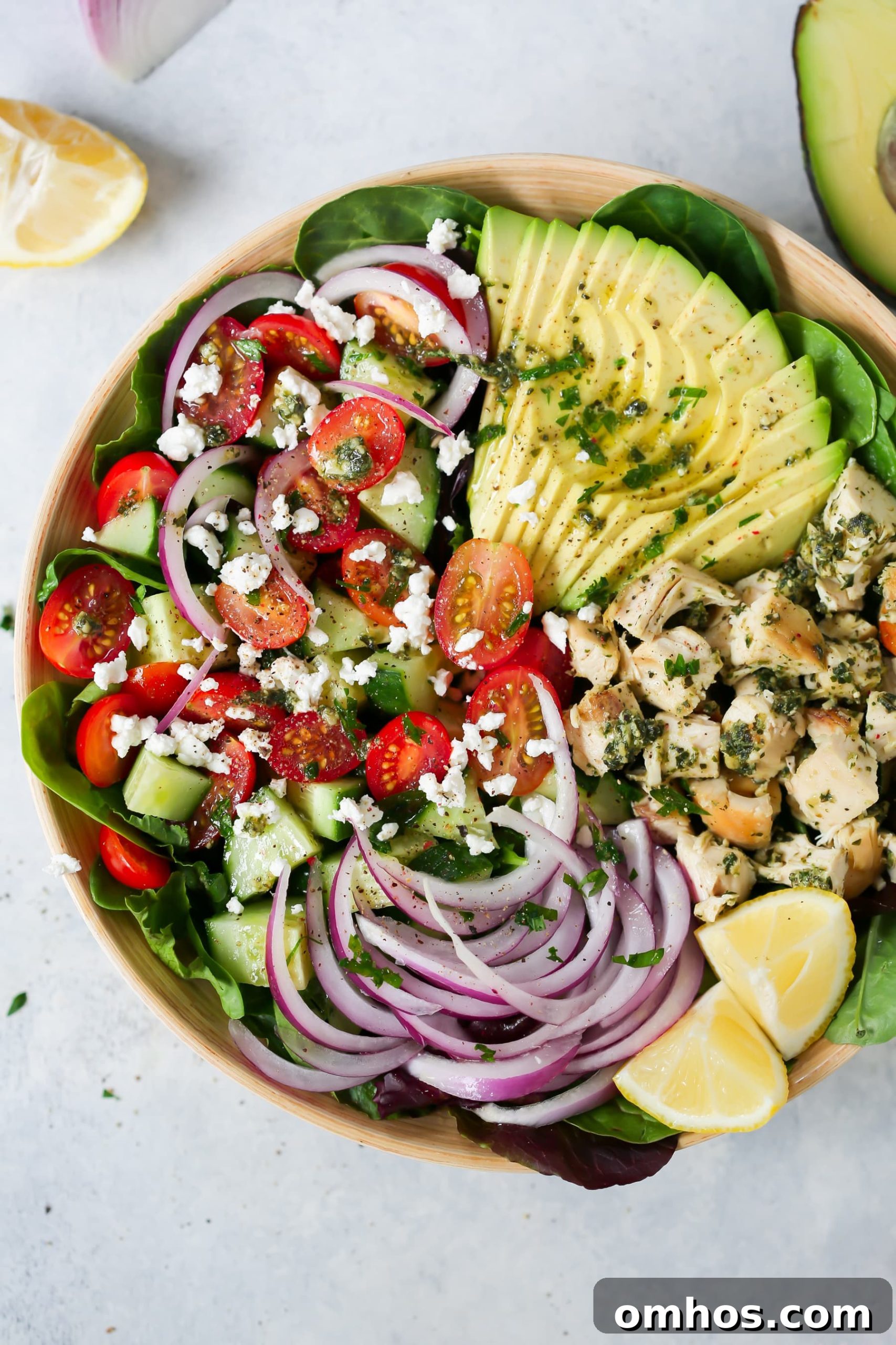 overhead view of a bowl of pesto Chicken salad
