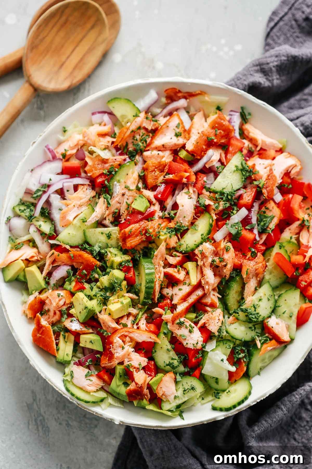 Overhead photo of a salmon salad.