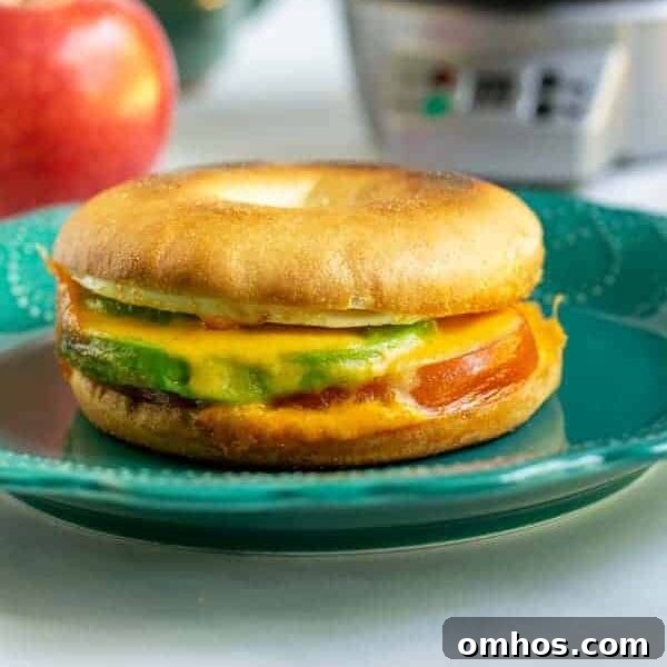 Avocado breakfast sandwich sitting on a teal plate.