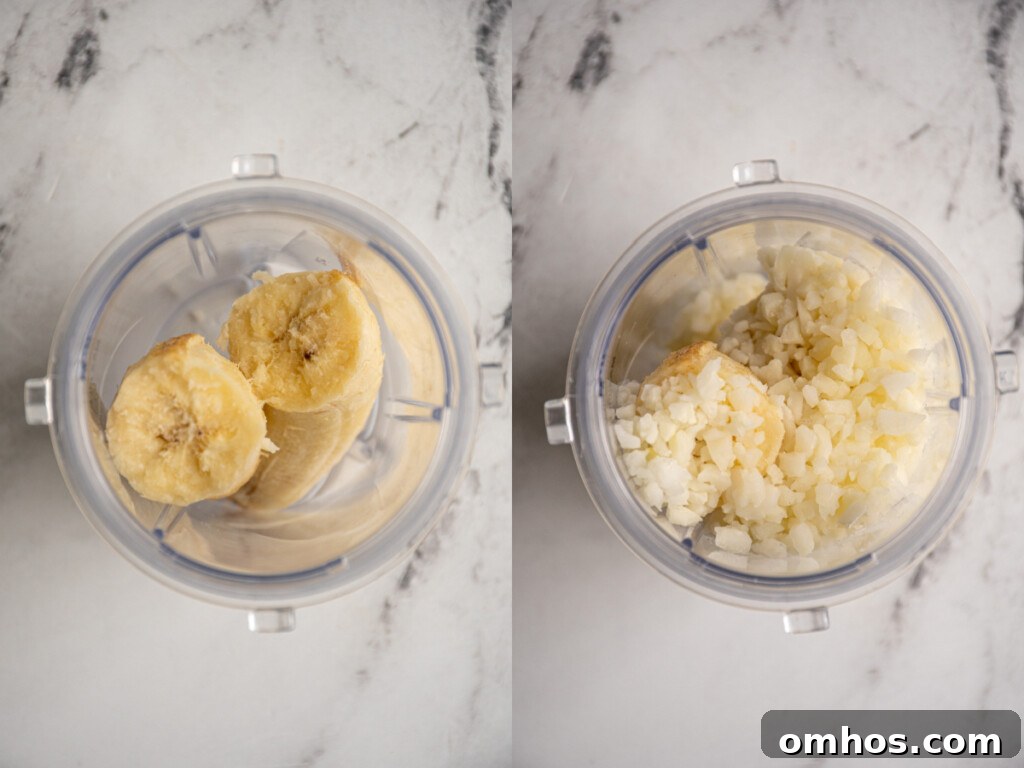 Steps 1 in making a banana chai smoothie, adding the banana and cauliflower.